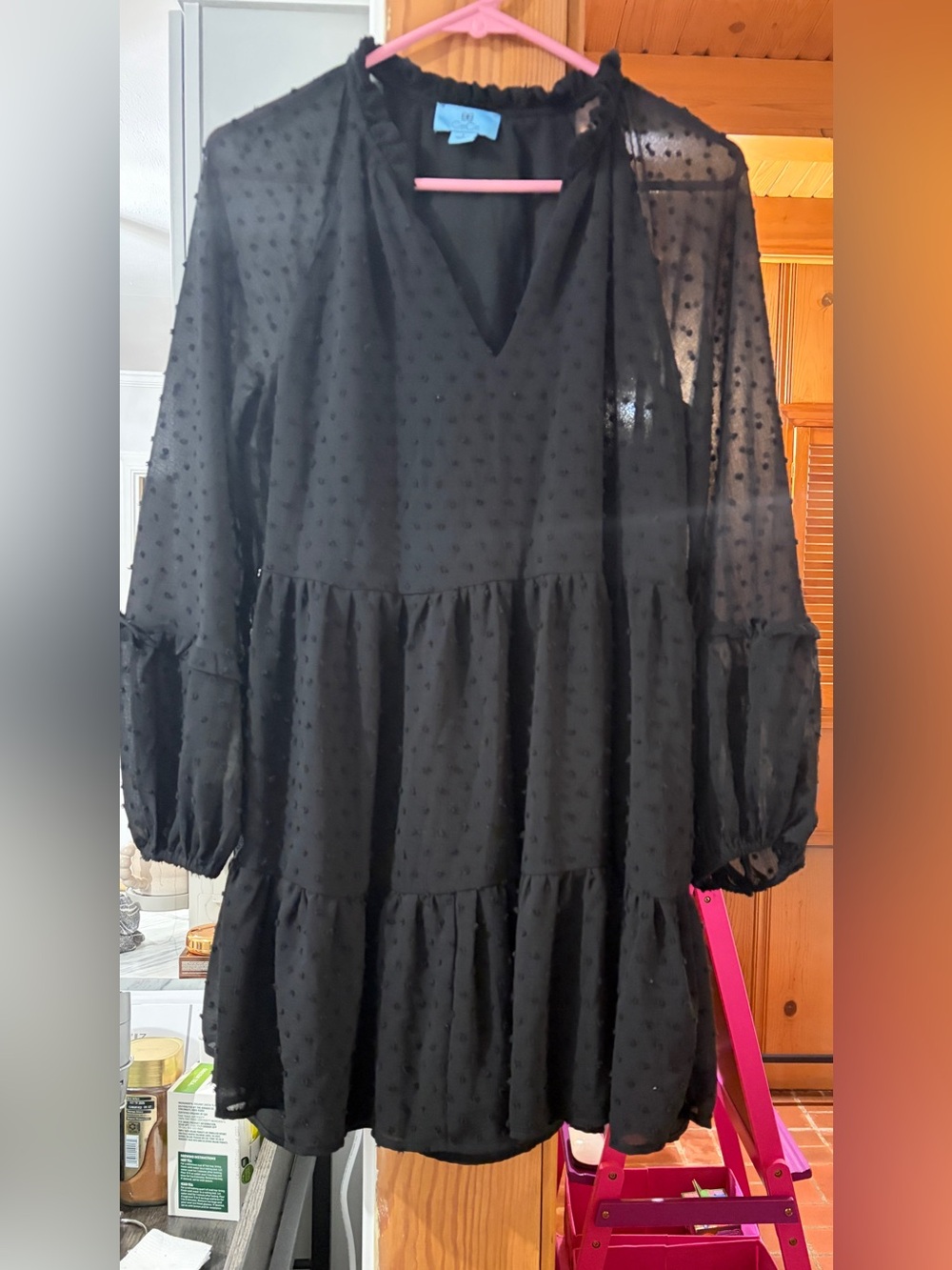 Black Swiss Dot Tiered V-Neck Mini Dress.